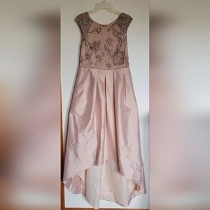 Adrianna Papell Short Sleeve Taffeta hi low Gown With Beaded Bodice In Rose Gold